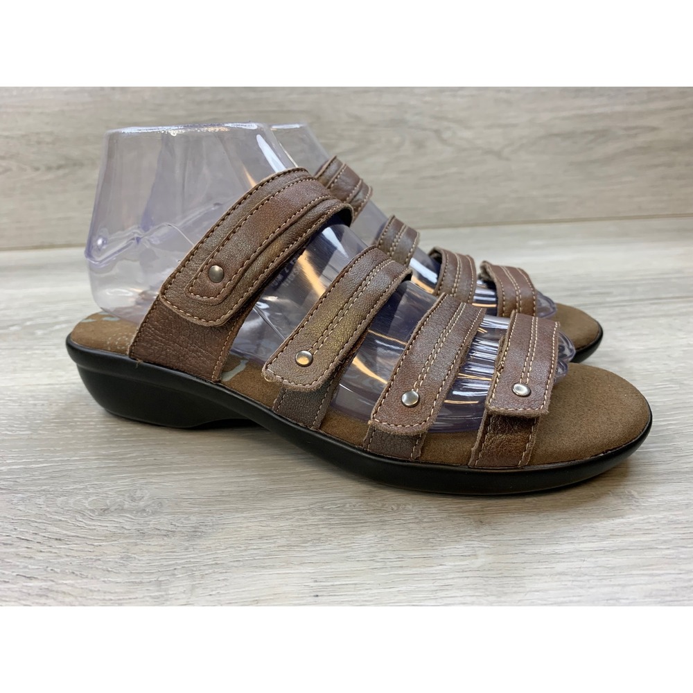 Propet Brown Leather Slide Sandals Women's 7 W Wide Straps Comfort Casual Shoes